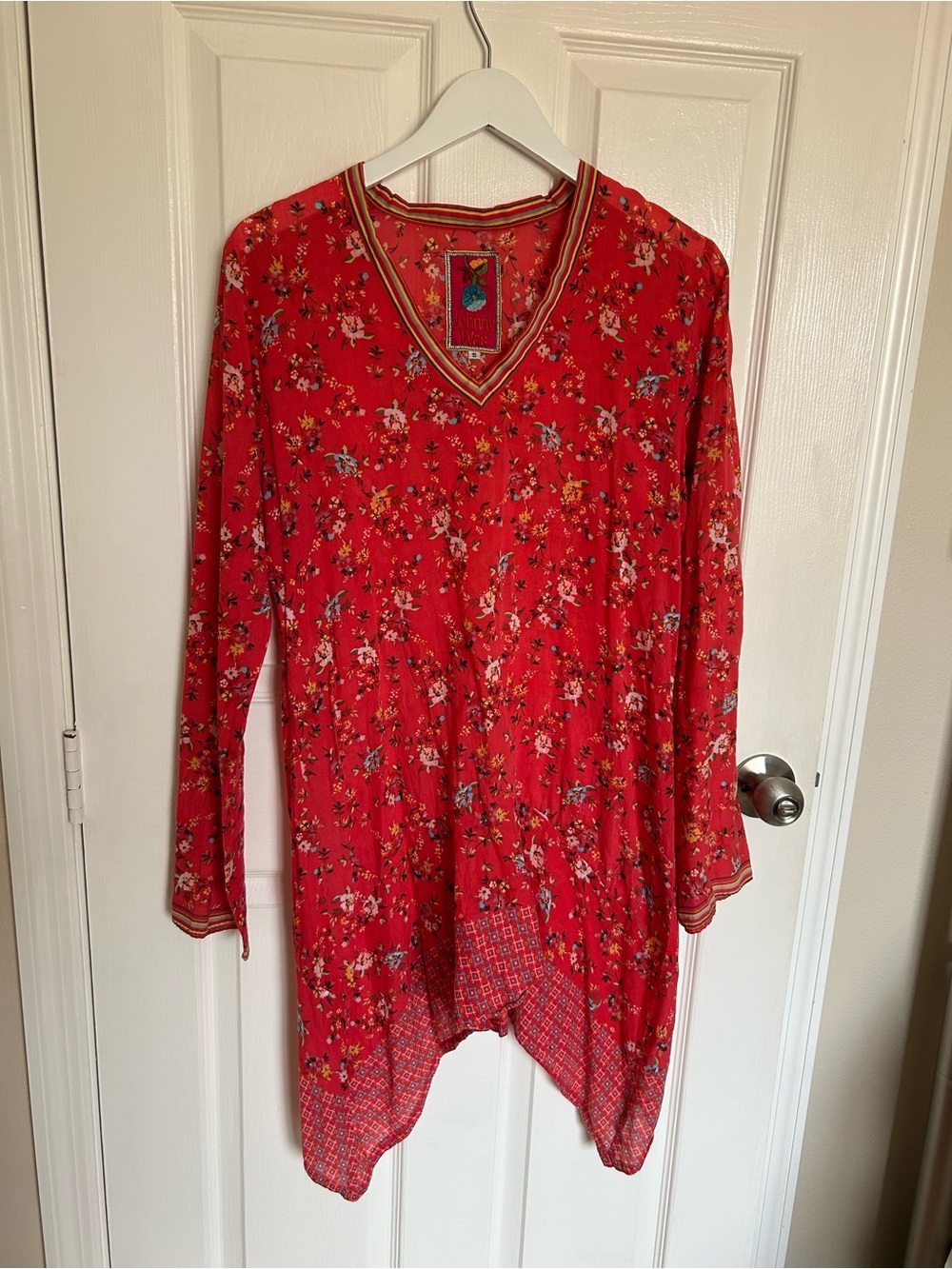 Johnny Was Red Floral V-Neck Long-Sleeve Tunic